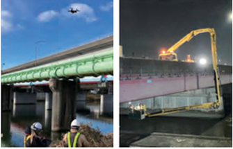 左）ドローンによる点検　右）橋梁点検車による点検