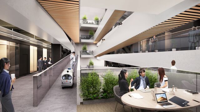 StationAiのオフィス風景です。シェアオフィスの最上階にホテルが入っています！