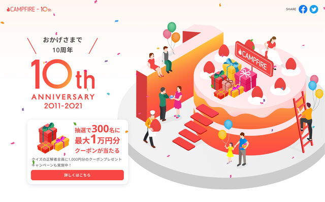 CAMPFIRE10周年記念ページのヒーローエリア